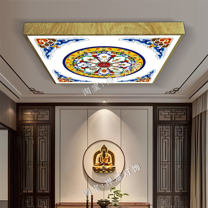 藏式吸顶灯八吉祥佛堂灯具八宝图灯客厅灯藏族棚顶灯方形蒙古包灯
