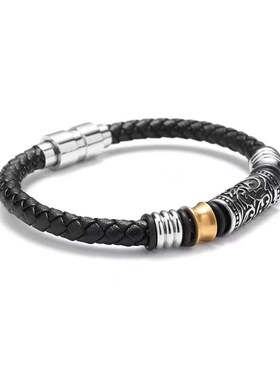 复古编织金属磁吸雕花手链男士百搭轻奢小众黑皮绳手镯设计感礼物