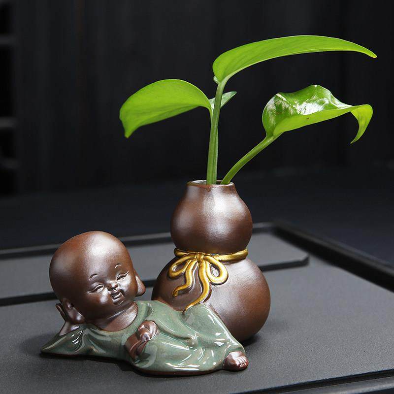 创意茶宠摆件小和尚花器茶桌花插花瓶陶瓷水培盆家居装饰品容器