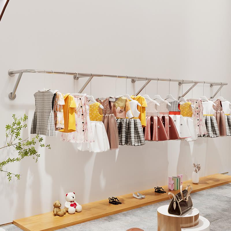不锈钢拉丝上墙简约服装店展示架童装架壁挂式婚纱架挂衣架陈列架