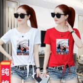 短款 纯棉宽松显瘦休闲露腰绑带短袖 t恤女ins潮2020夏季 字母上衣女