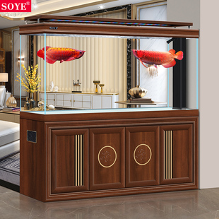 落地家用2024新款 索一鱼缸客厅大型实木超白水族箱底滤屏风中式