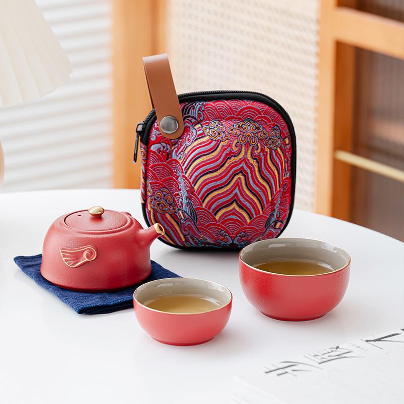户外旅行快客杯便携一壶二杯茶具套装粗陶手抓壶个人车载办公泡茶