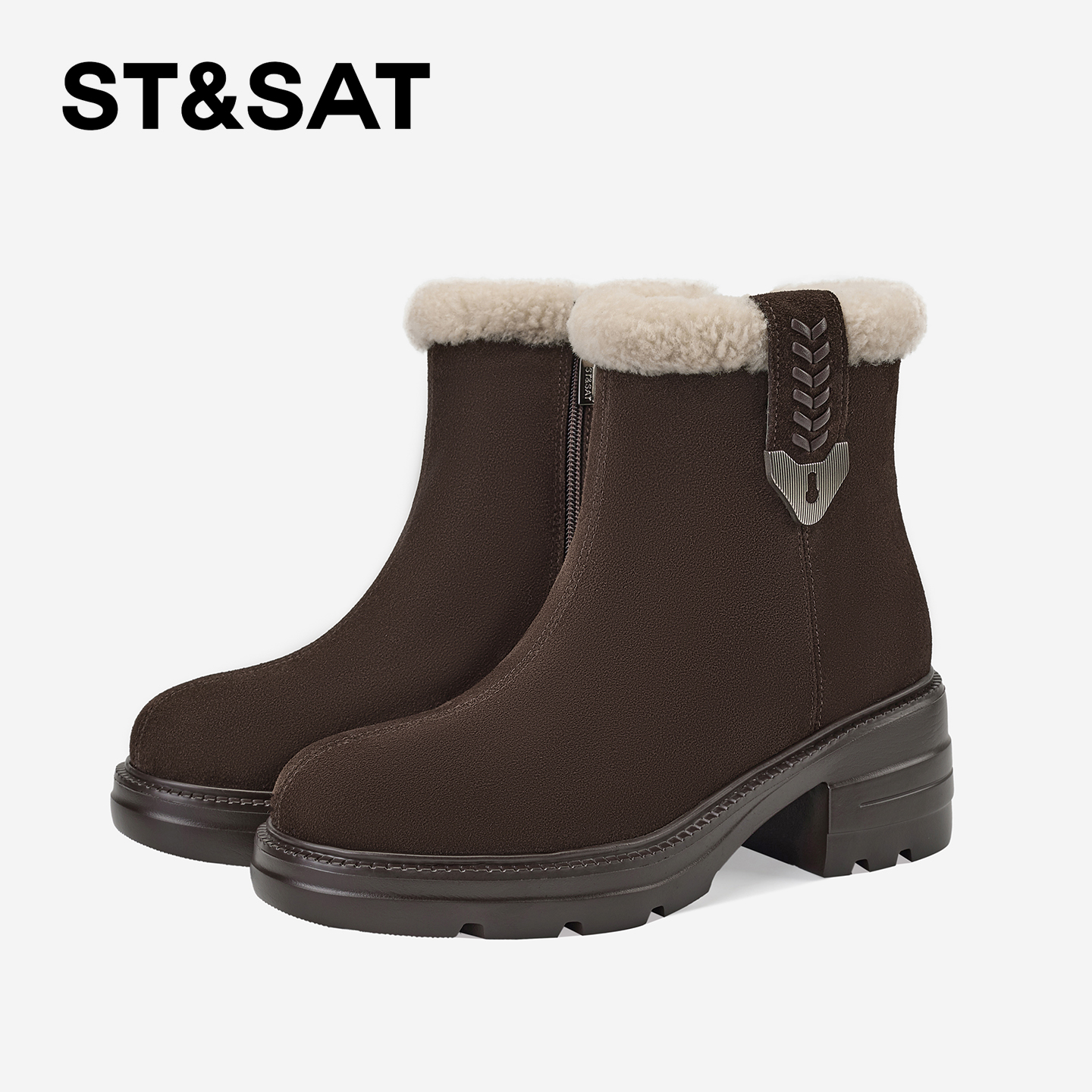 St&Sat/星期六圆头粗跟时装靴百搭短靴舒适休闲加绒圆头秋冬女靴