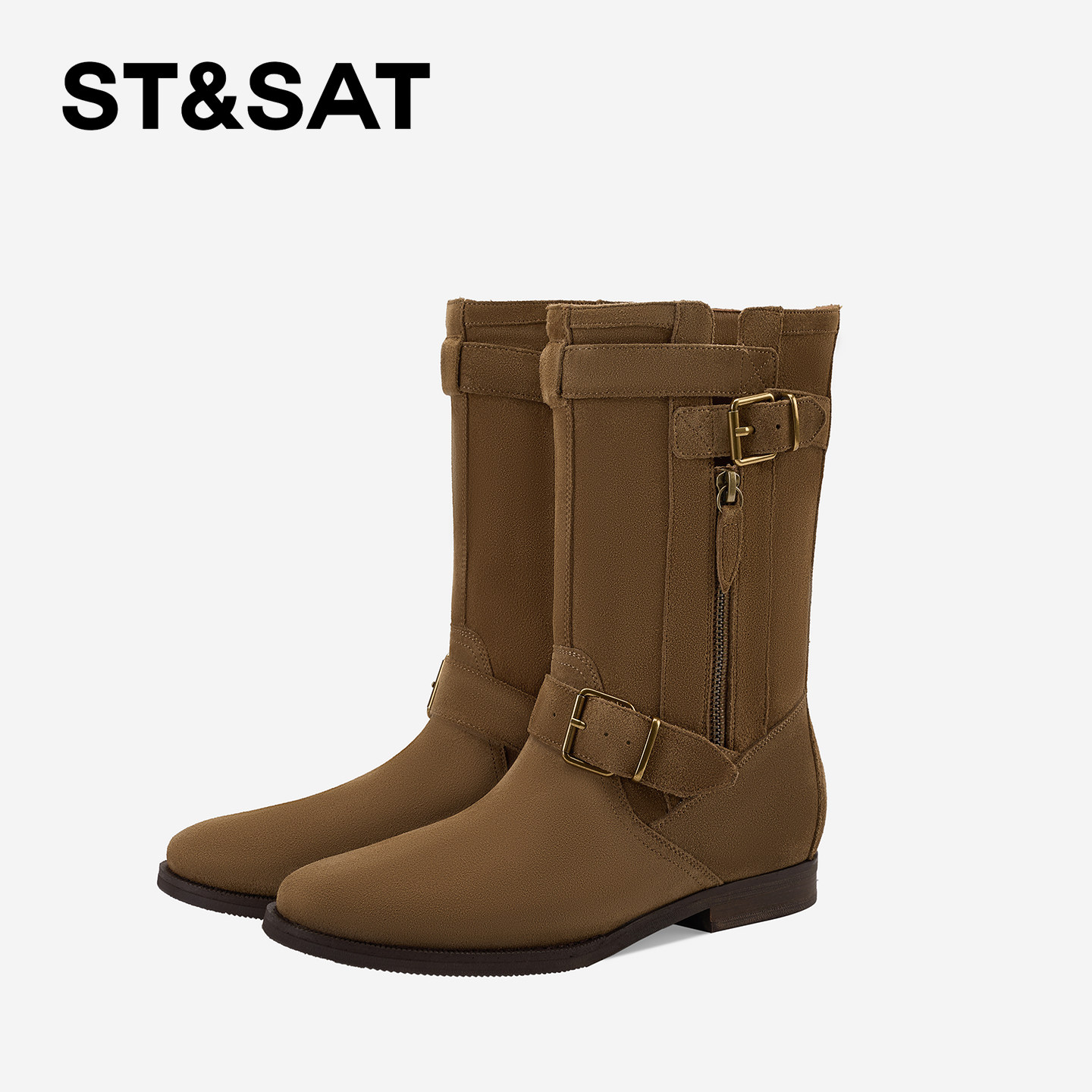 St&Sat/星期六2025新款复古皮带扣中筒靴粗跟圆头时尚秋冬时装靴,女鞋,时装靴,淘宝优惠券,粉丝福利购,淘宝优惠卷