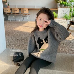 女童套头毛衣秋冬季洋气网红儿童宽松中长款针织衫女孩百搭打底衫