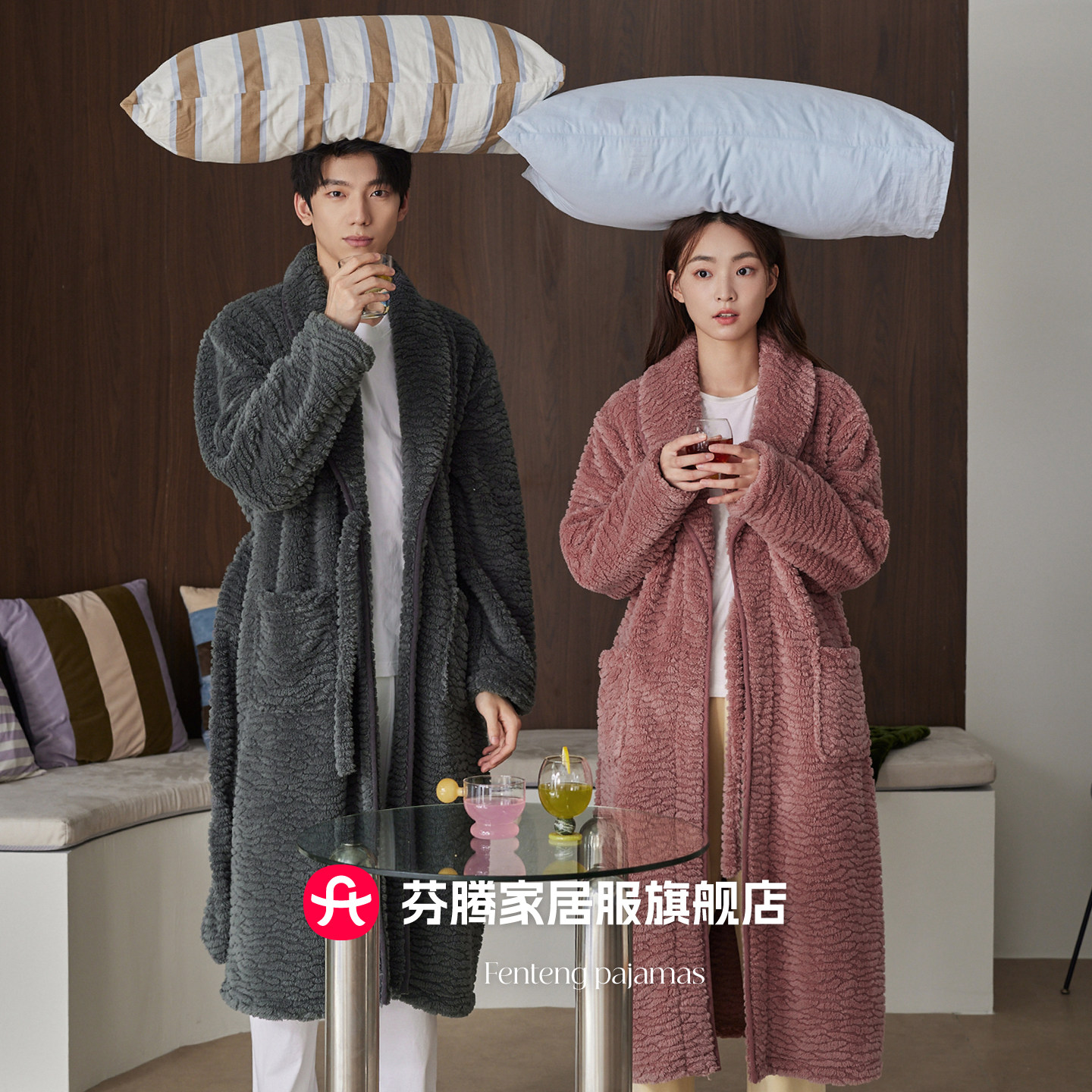 芬腾秋冬情侣珊瑚绒睡袍女加绒加厚中长款男士睡衣外穿浴袍晨袍