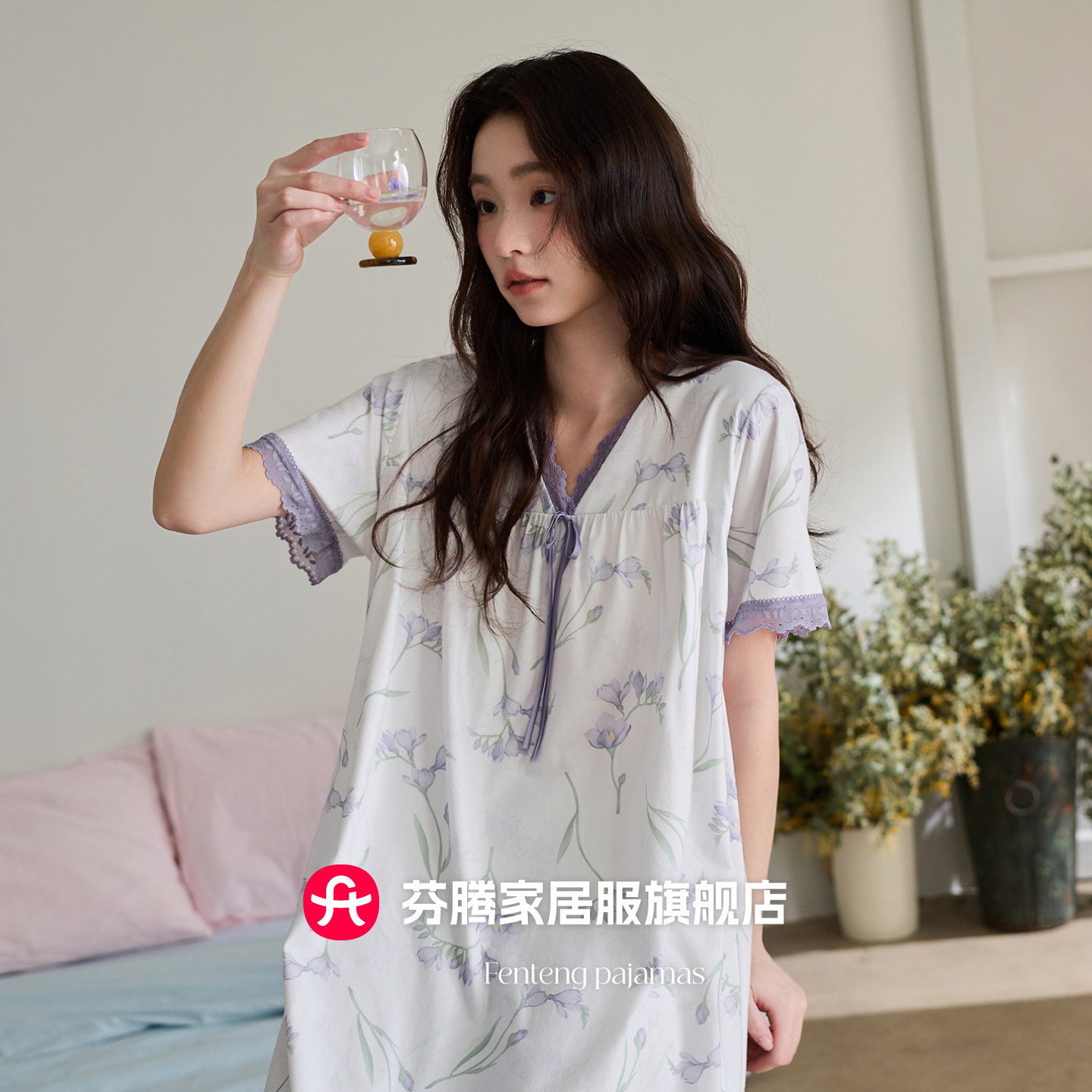 芬腾2026新款纯棉睡裙女士夏季短袖V领碎花凉感全棉家居服可外穿