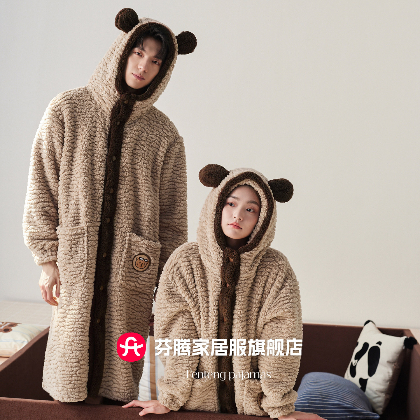 芬腾情侣珊瑚绒睡袍女秋冬季加绒加厚中长款外穿连帽男士睡衣浴袍