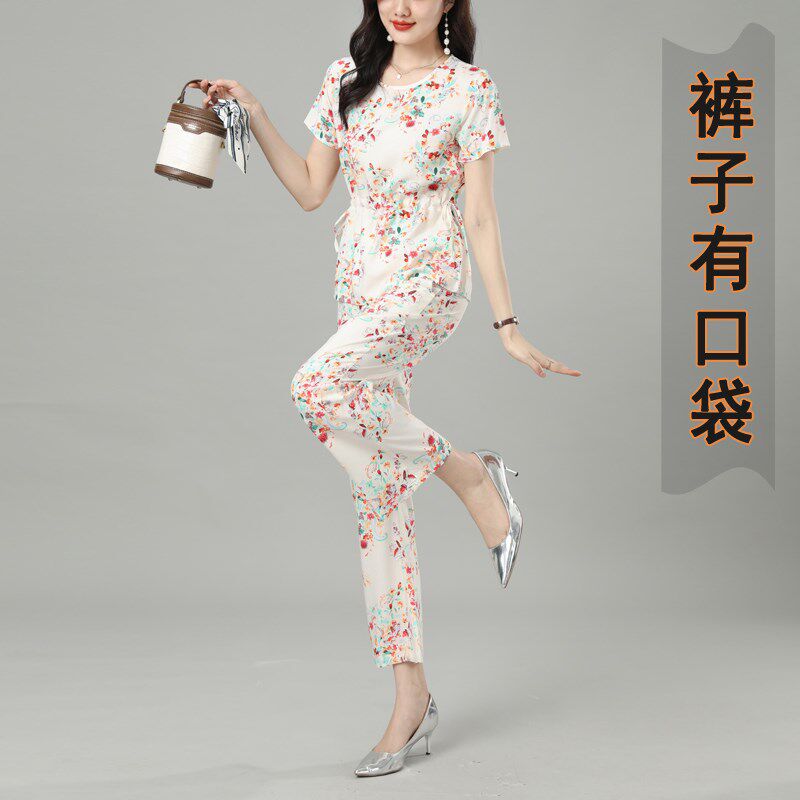 2024夏季新款民族风棉绸套装女士时F尚外穿碎花布人造棉绵绸两件