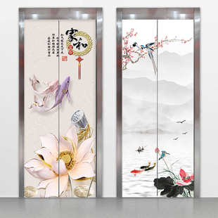 现代简约新中式酒店电梯门贴画翻新防水自粘古典水墨木门贴纸定制