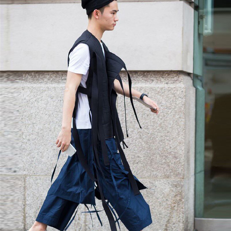 夏季流苏男裙裤九分裤黑色宽松阔腿裤潮青年纯色休闲裙裤美发师款