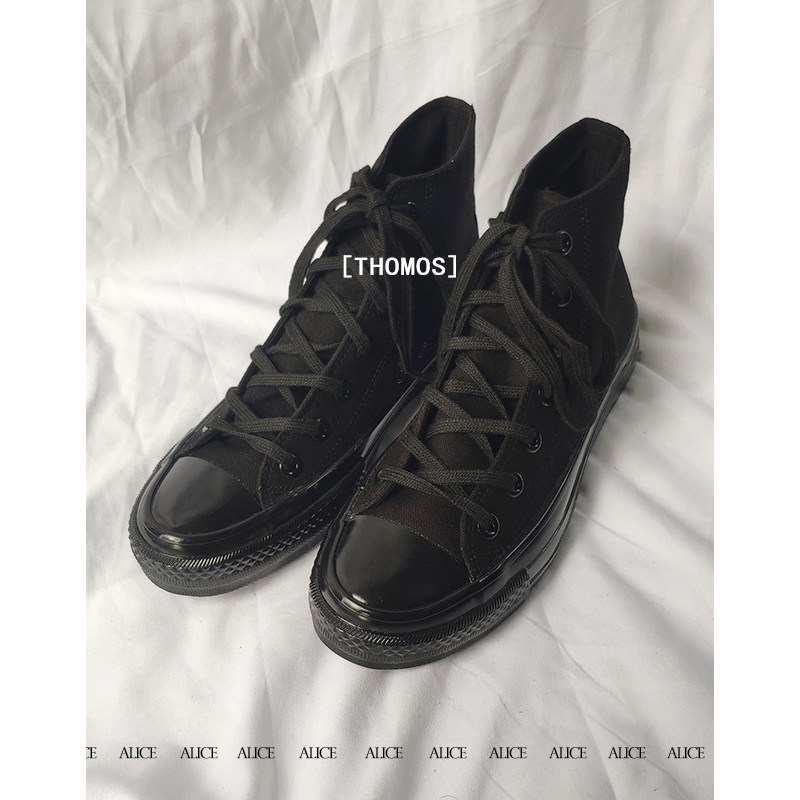thomos 全黑色高帮帆布鞋女小众设计情侣板鞋港味日系小黑鞋