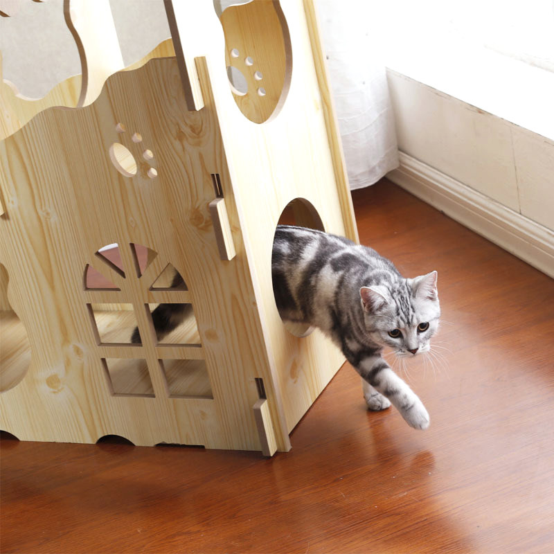 半封闭式实木猫窝猫爬架双层猫屋狗窝木房子貓窩
