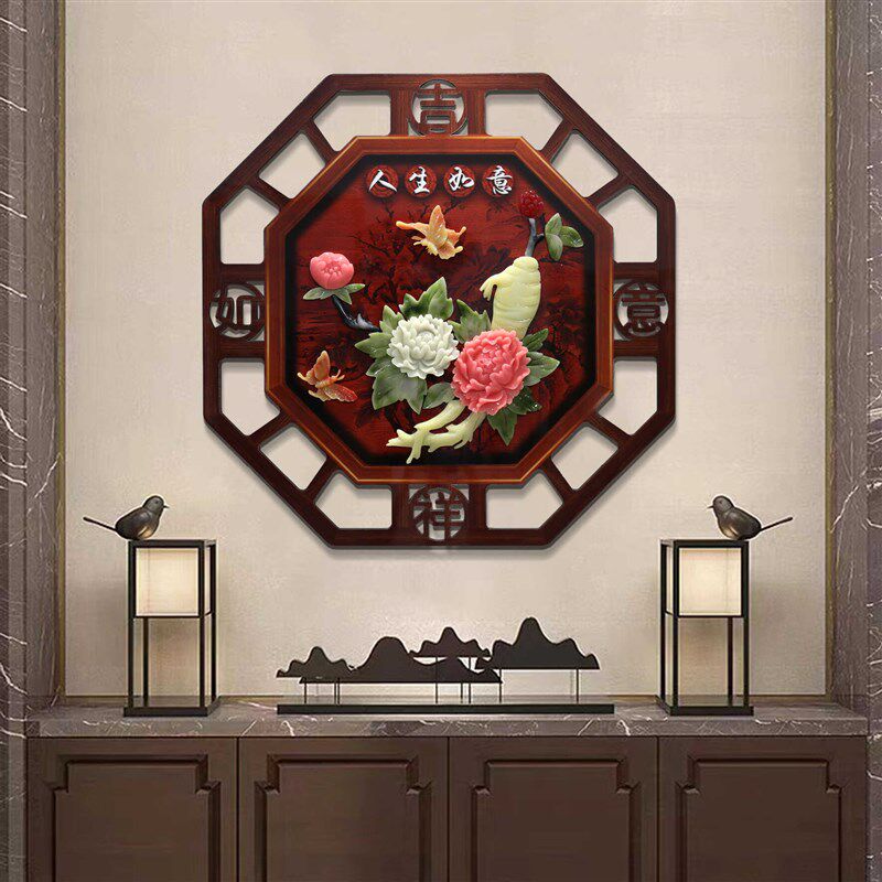 中式背景b墙沙发装饰画玄关餐厅玉雕挂件挂画走廊客厅实木浮雕壁