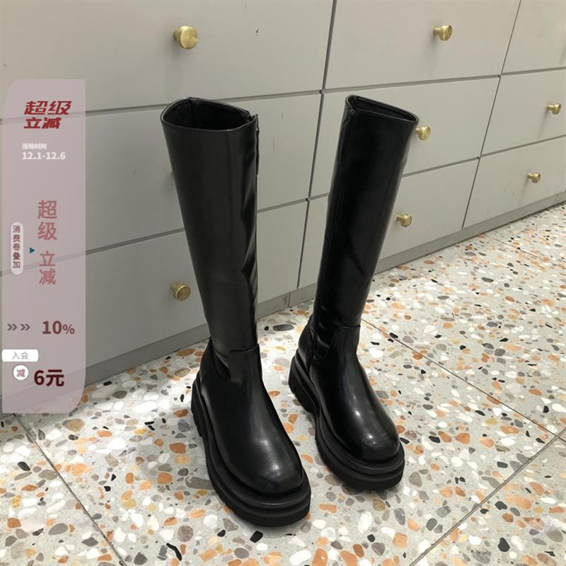 现韩国东大门女鞋21秋新款inys防滑厚底增高小个子瘦瘦高筒靴黑靴