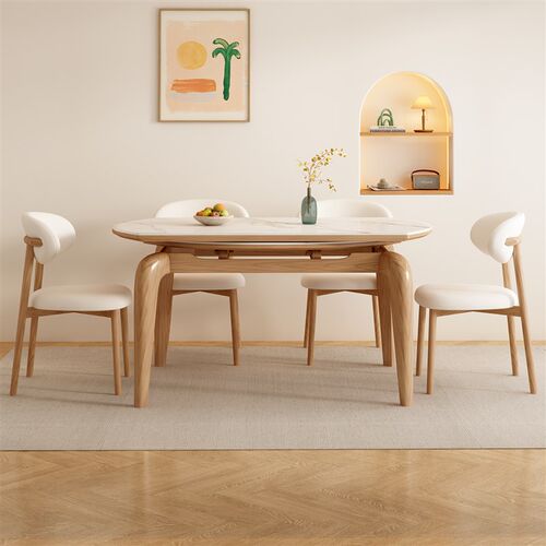 原木餐桌椅d组合小户型家用方圆两用简约现代岩板可伸缩实木饭桌