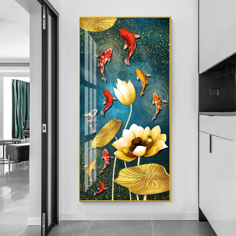 九鱼图玄关装饰画现代简约过道走廊挂画晶瓷镶钻入户客厅竖版画