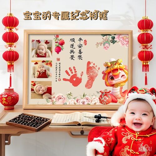 蛇宝宝满月手足印百天纪念相x框男女婴儿手印手脚印仪式感拍照道