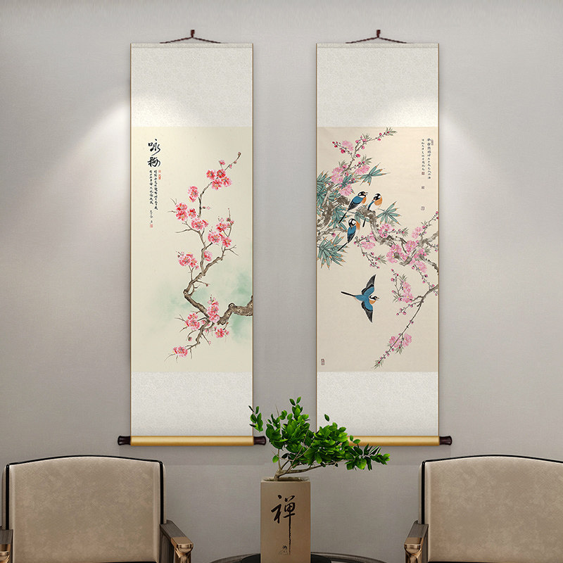 花鸟新中式丝绸卷轴挂画书房玄关招财装饰画客厅餐厅过道背景墙画