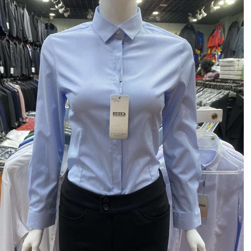 女士蓝色竖条纹h衬衫免烫竹纤维弹力机关单位面试上班职业装工作