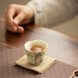 汝窑猫咪花口杯主人杯汝瓷个人单杯陶瓷功夫茶具小茶杯客杯品茗杯