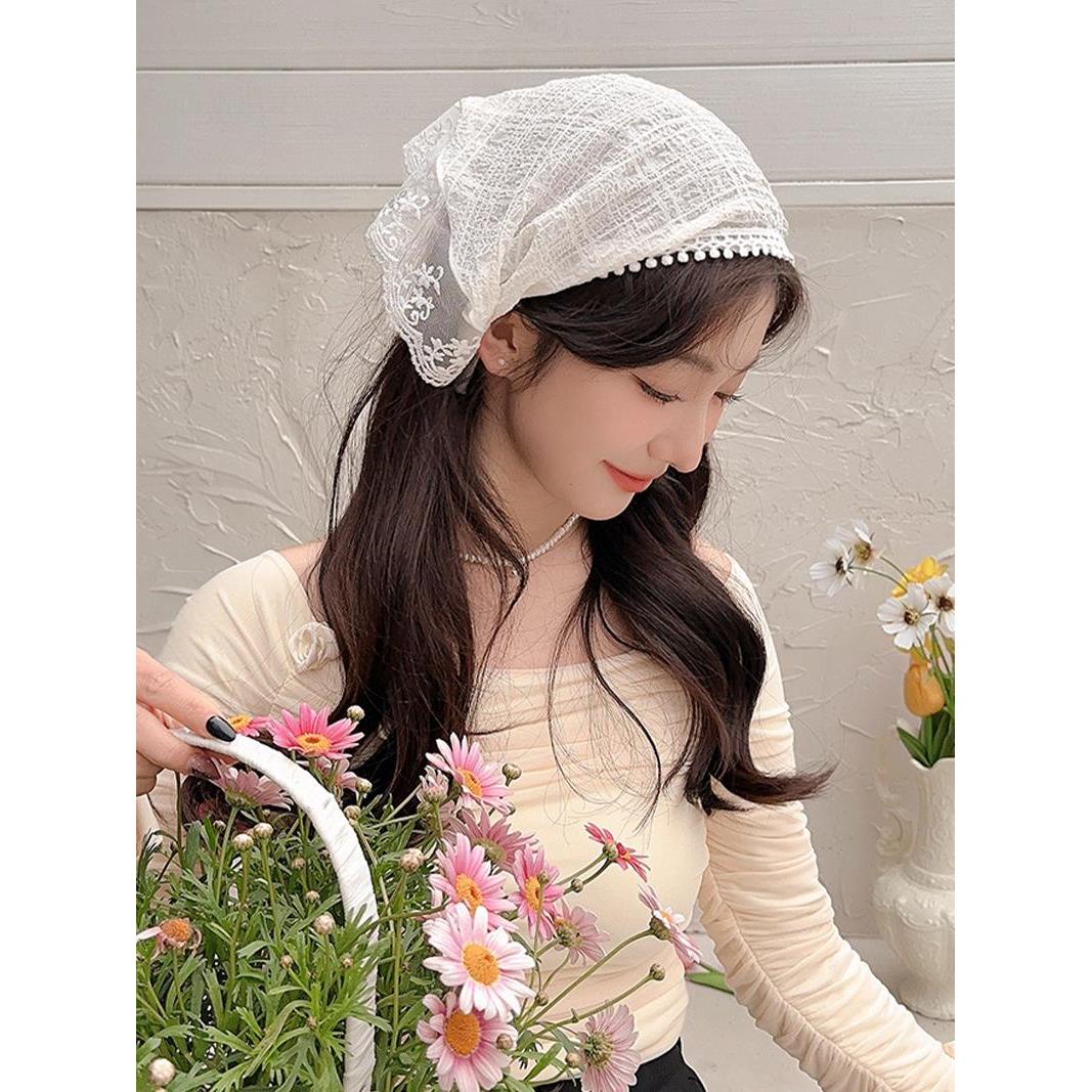 周也同款白色蕾丝发箍头巾一体法式三角巾包头方巾帽田园风发饰女