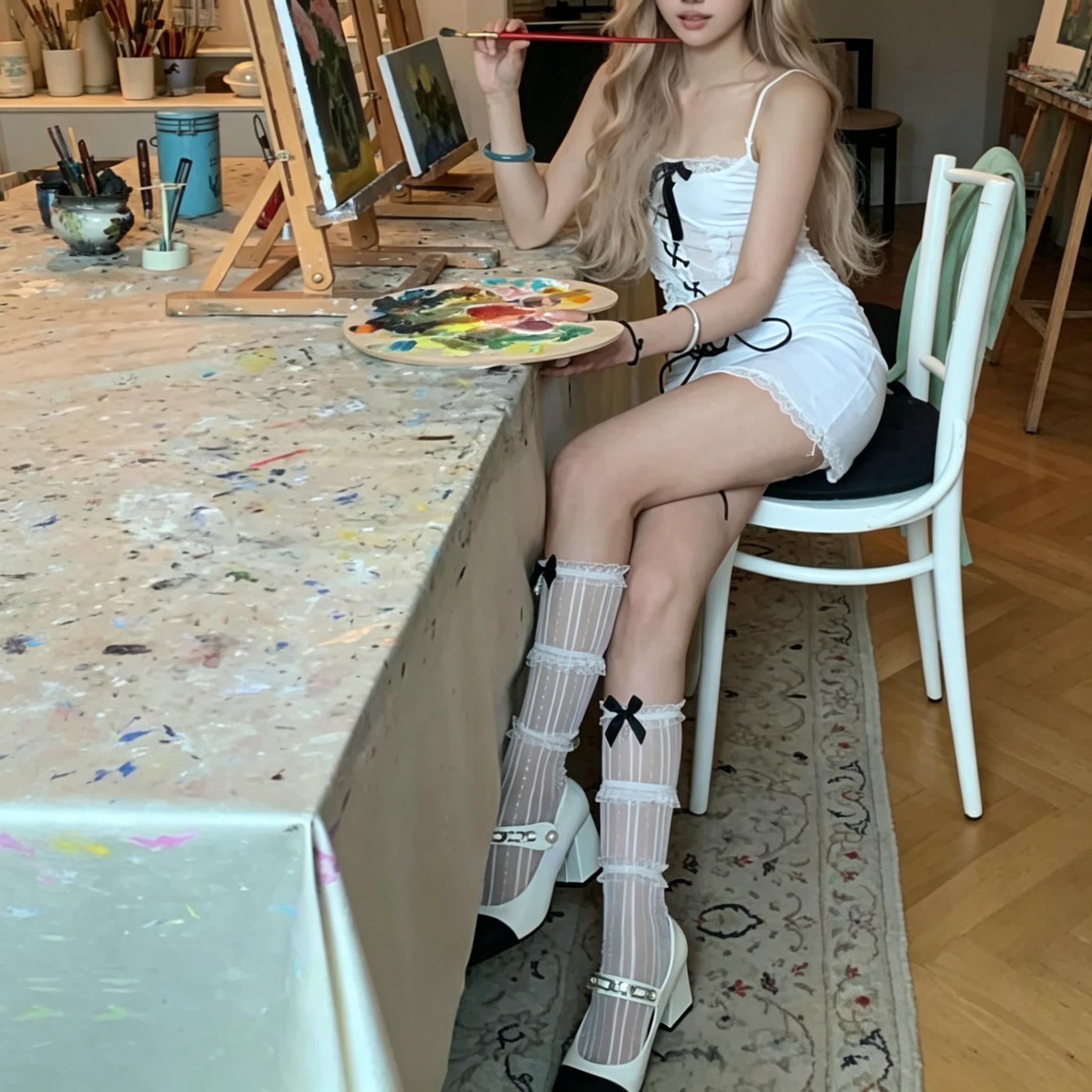 玛丽珍袜子女中筒夏季芭蕾风丝带蝴蝶结泡泡袜花边白色蕾丝小腿袜
