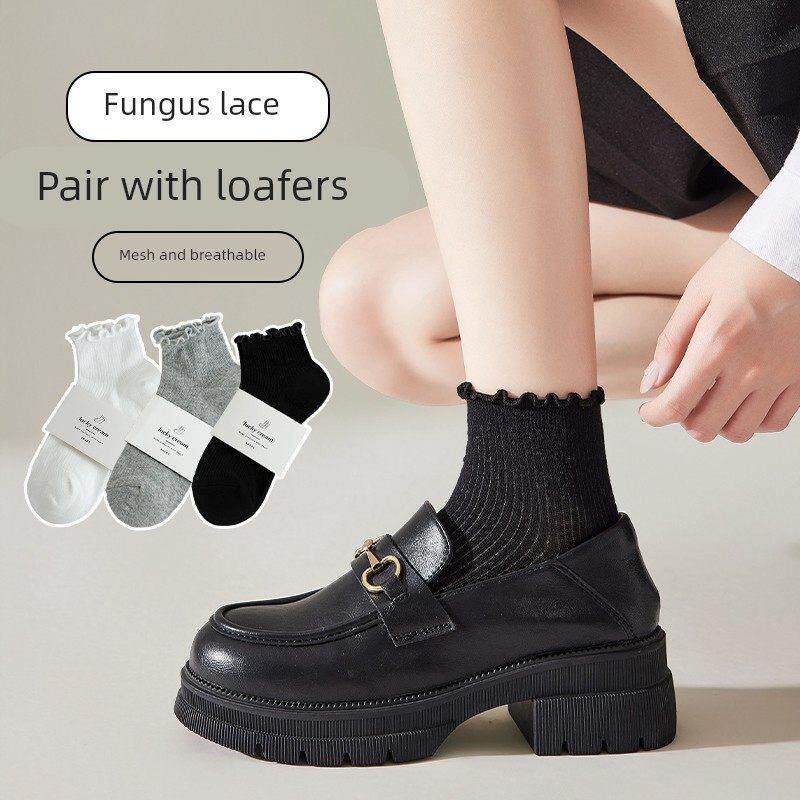 黑色袜子女款中筒夏季薄款纯棉配小皮鞋短款木耳边短袜乐福鞋夏天
