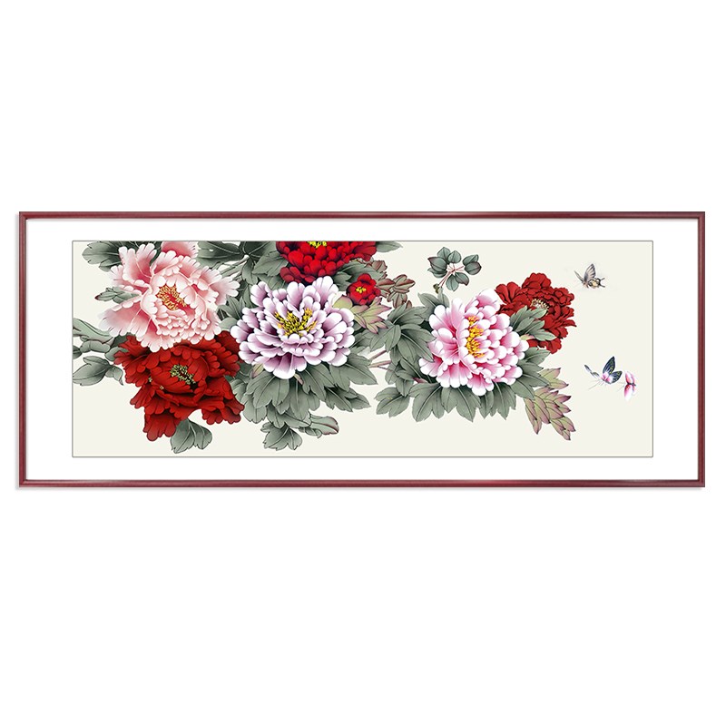 国画花开富贵客厅挂画新中式沙发背景墙装饰画手绘壁画九鱼牡丹图