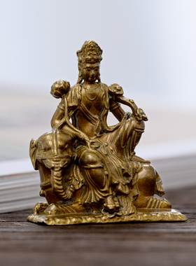 纯黄铜文殊普贤菩萨坐像摆件随身小佛像好看迷你精致茶空间装饰品