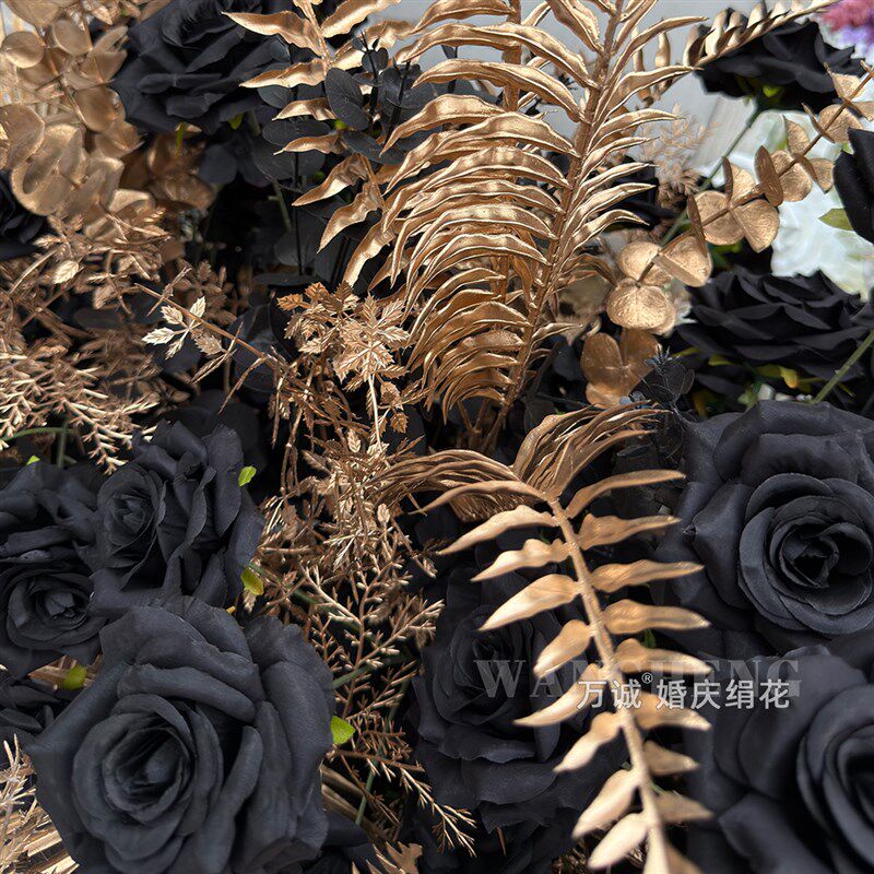 新款黑色金色花排花球拱门花婚礼舞台背景玫瑰路引花艺装饰布置花
