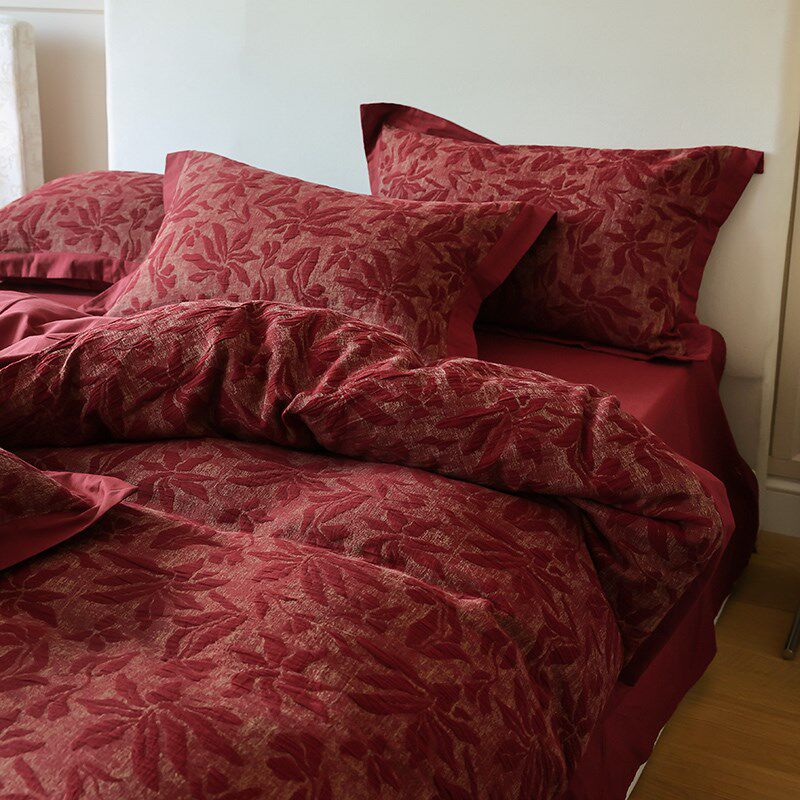 意式风婚庆全棉水洗棉提花被套四件套红色纯棉超柔结婚床单礼物