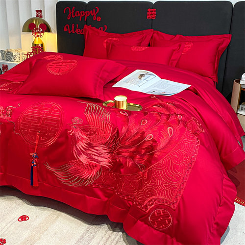 高档中式龙凤牡丹刺绣结婚四件套婚嫁红被套纯棉婚庆喜被牀上用品