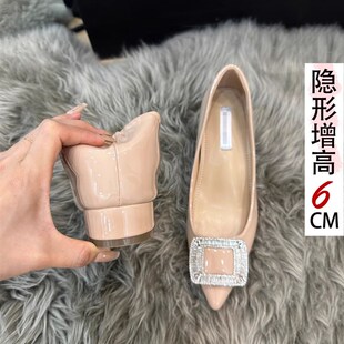 6CM内增高法式尖头水钻方扣单鞋女2024新款33小码百搭浅口通勤鞋