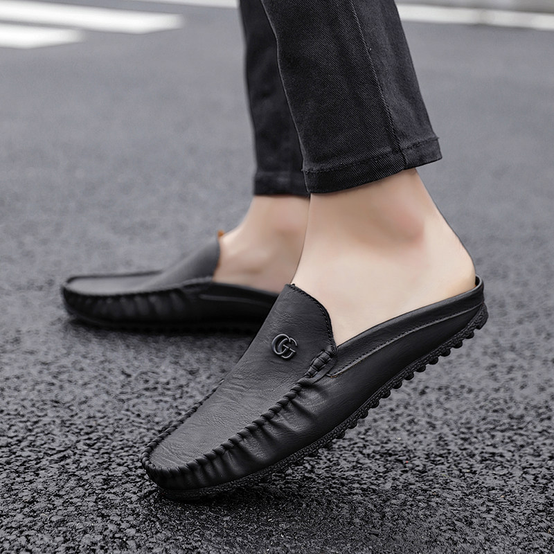 夏季男士拖鞋时尚室外潮流包头半拖豆豆鞋男士英伦休闲透气懒人鞋