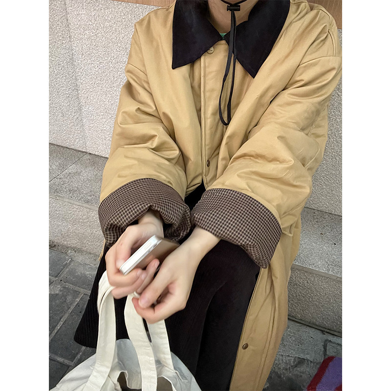 小众表妹 卡g其色韩系中长版棉服女冬季撞色领通勤风棉衣宽松棉衣