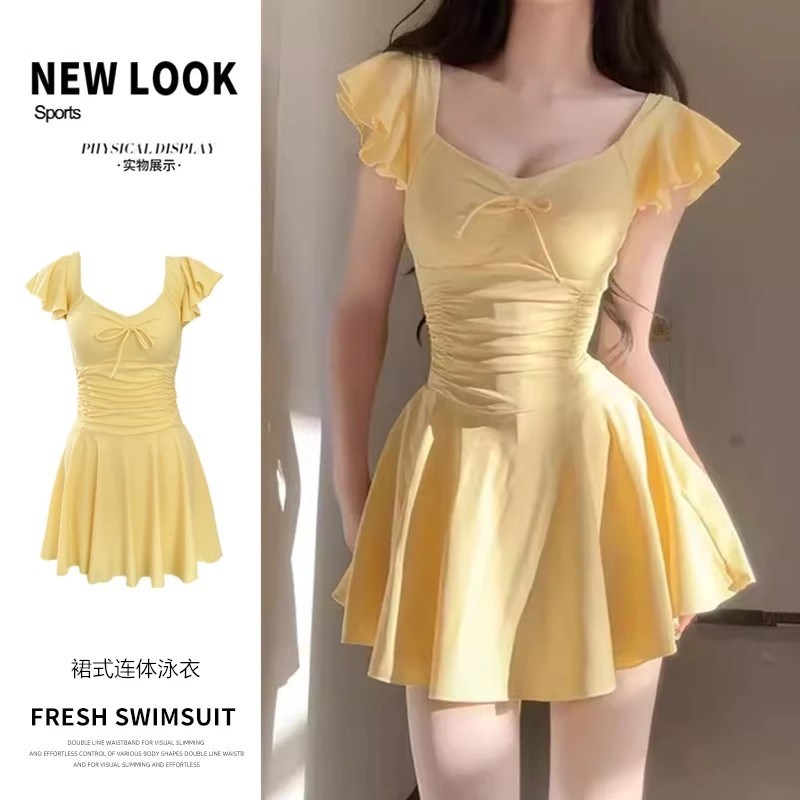 连体裙式泳衣女保守裙式显瘦学C生款小清新泳衣气质泡温泉泳衣
