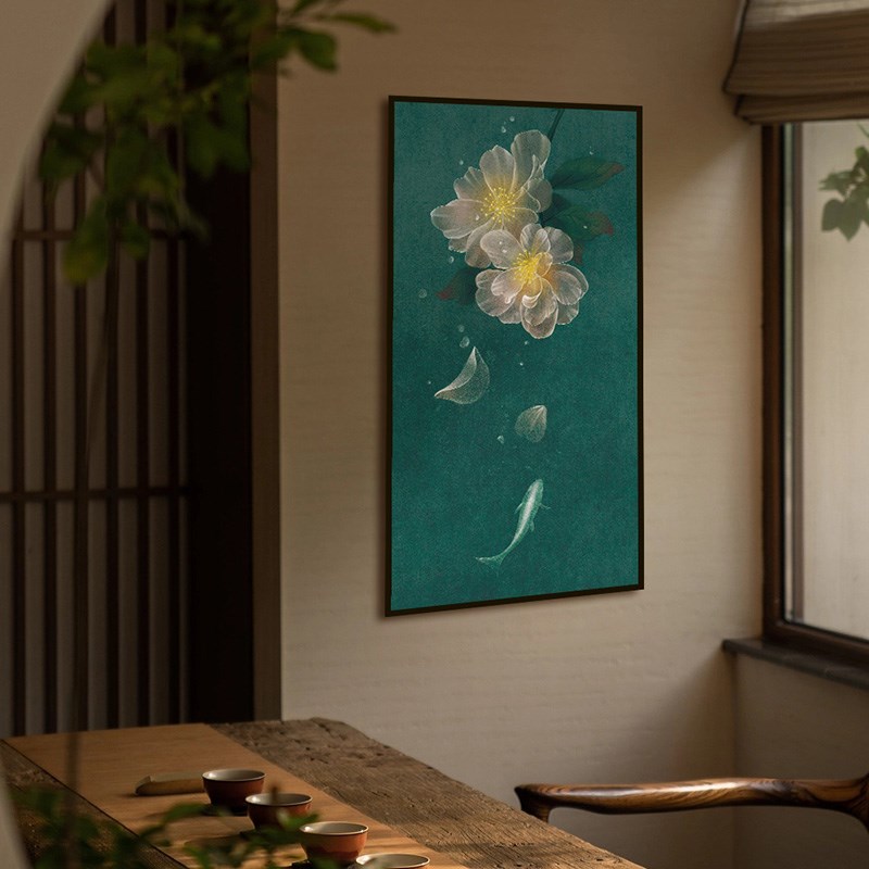 新中式茶室挂画茶楼书房办公室海棠花植物花卉现代中式玄关装饰画图片