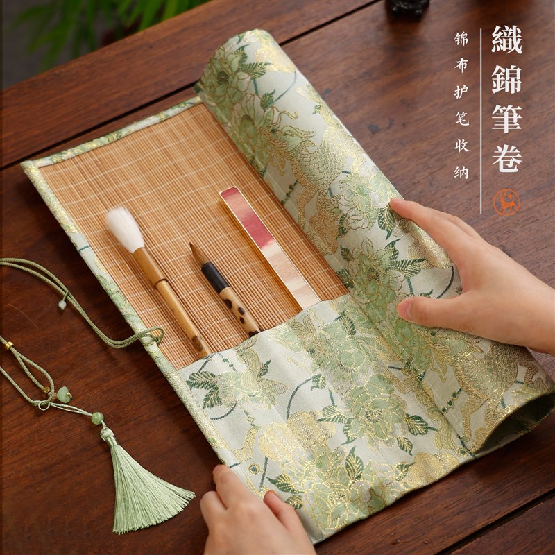织锦竹制笔卷 彩色简约笔袋古风新竹帘老竹色透T气笔帘袋收纳袋