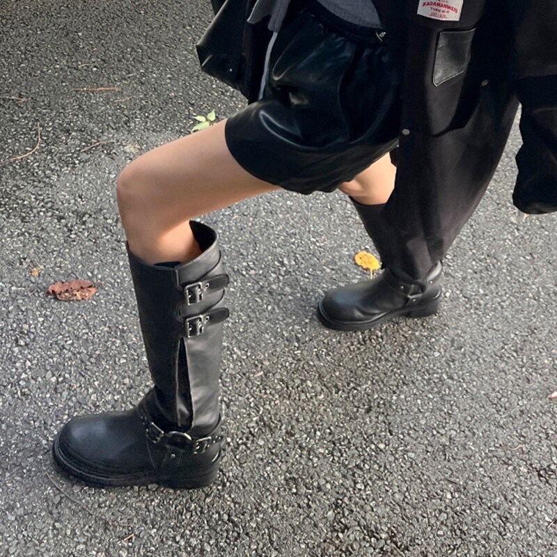 饰与美韩国东大门秋冬季新款圆头方跟H皮带扣设计感小众黑色长靴