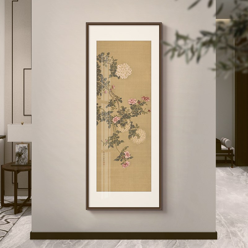 蔷薇绣球图入户玄关装饰画立体画新中式走廊竖版花卉挂画图片