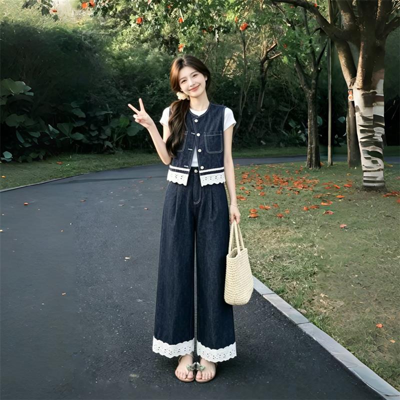 蕾丝拼接无袖牛仔k马甲阔腿裤套装女夏2026新款流行高级感两件套