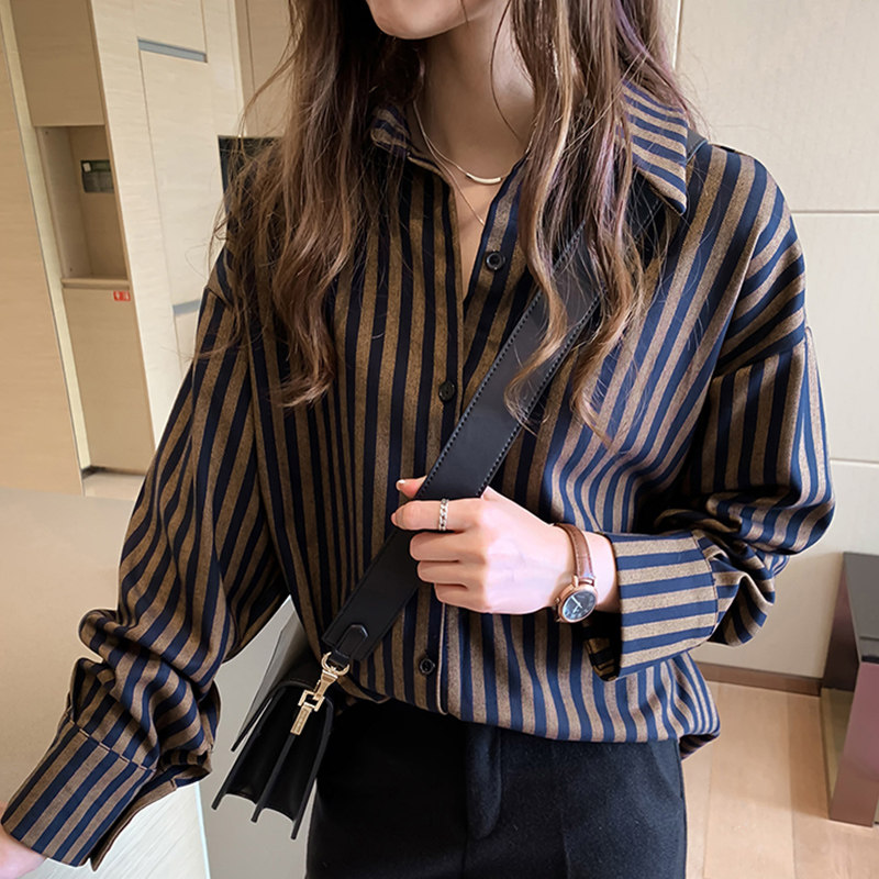 条纹衬衫女长f袖2024春装新款韩版大码宽松显瘦港味打底女士衬衣