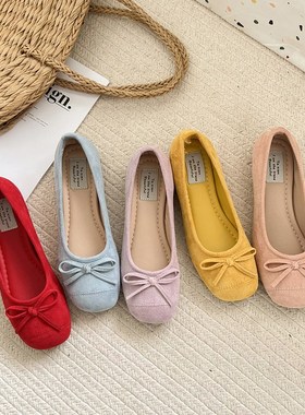 小个子内增高方头红色平底单鞋女2025春季新款蝴蝶结芭蕾风豆豆鞋