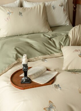 100支毛巾绣绿色蝴蝶秋冬加厚保暖四件套F全棉纯棉1.5m1.8床上用