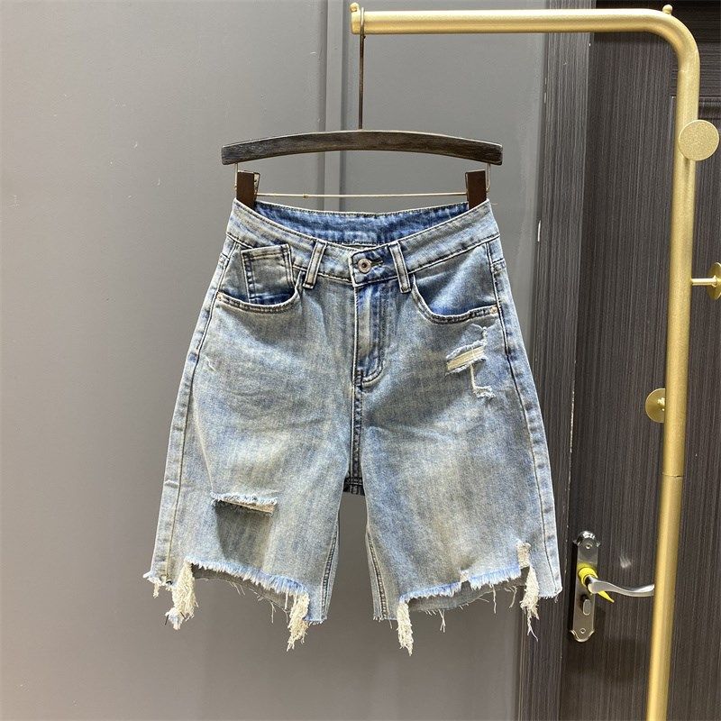 浅蓝色破洞毛边牛仔五分p裤女欧货2024夏季薄款宽松直筒阔腿裤中