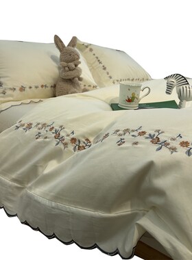 100支奶油风少女白色小碎花花边四件套1.5m1.8米全棉床单被套