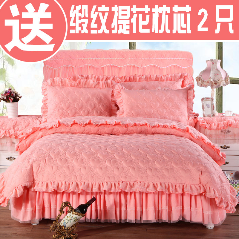 加厚夹棉四件套床裙式蕾丝套件纯色加厚被套1.8mT床罩式四件套床