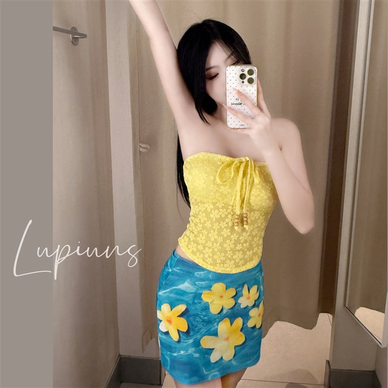 泳衣女分体夏度假风挂p脖立体花朵纹路辣妹抽绳抹胸遮肚显瘦游泳